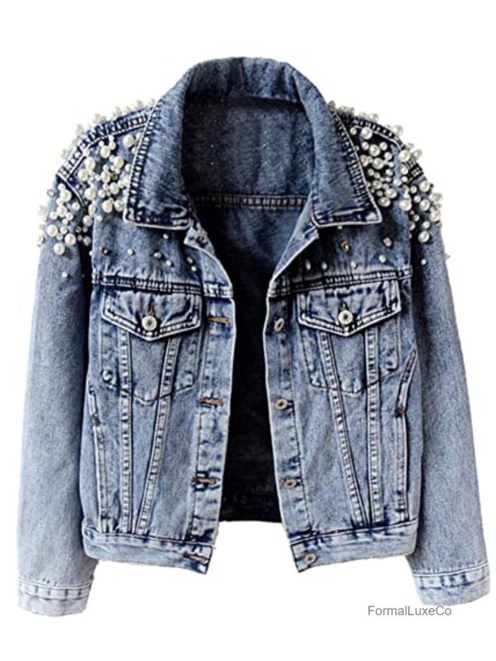 Kedera Women's Embroidered Pearl Rivet Denim Jacket Button Up Long Sleeve